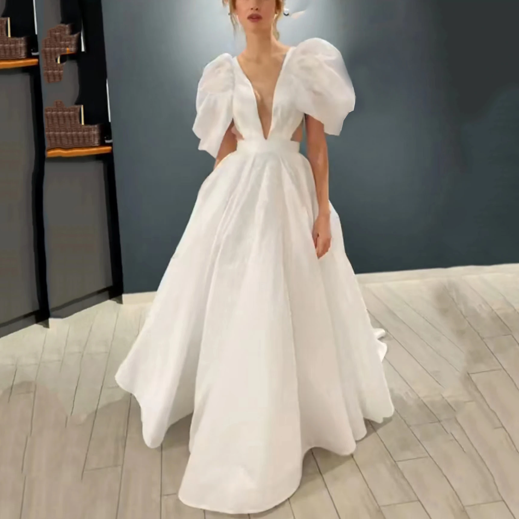 

Deep V Neck Evening Dress Long A-line Sexy Open Back Prom Party Formal Occasion Dress with Train فستان العروسة