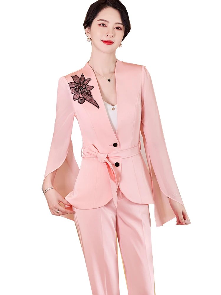 Elegant Women Pink White Black Pant Suit 2 Piece Blazer Set Female Jacket and Trouser For Office Ladies Spring Summer Work Wear