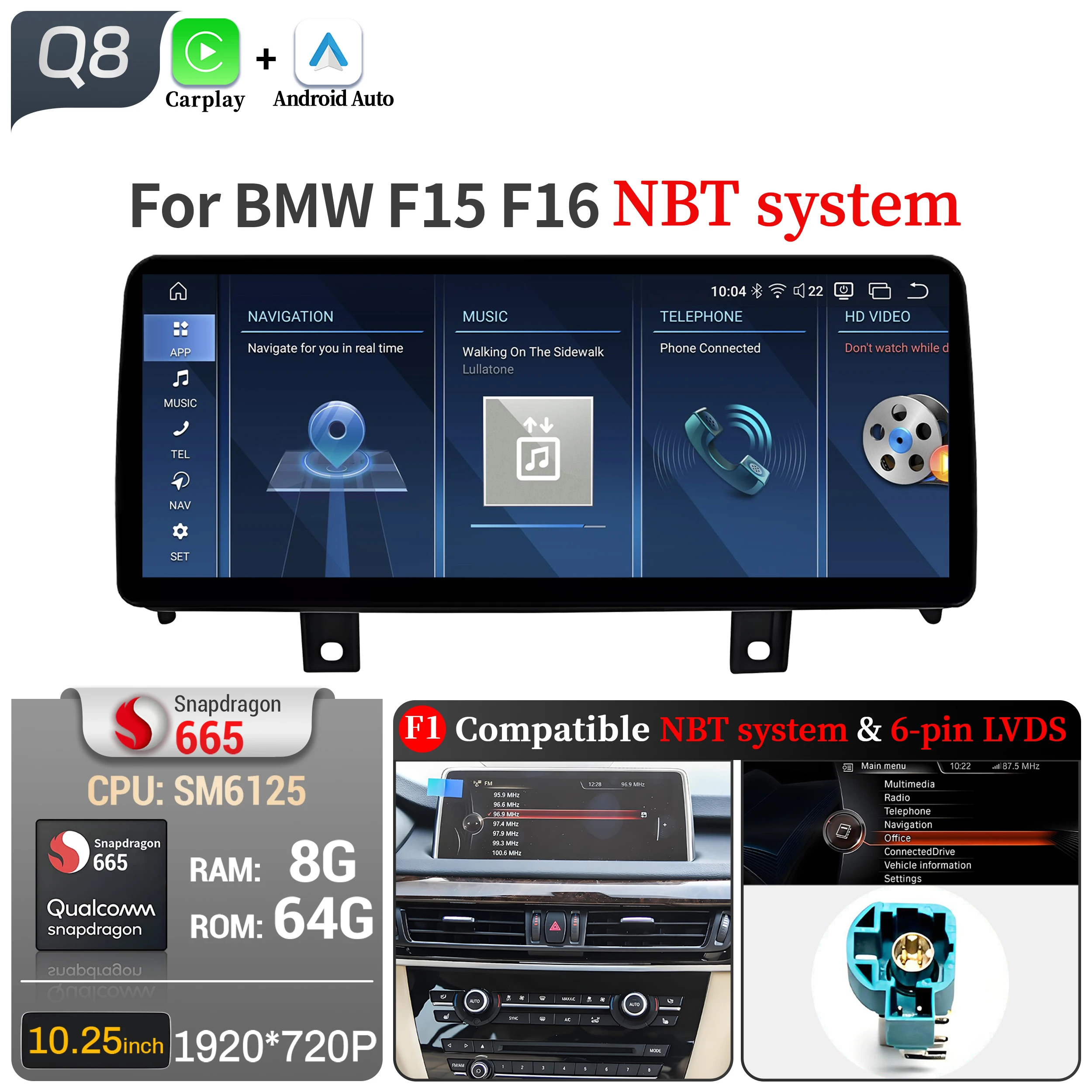 

10,25-дюймовый автомобильный радиоприемник для BMW X5 F15 X6 F16 2014 2015 2016-2018, беспроводной Bluetooth Carplay, головное устройство, сенсорный экран Snapdragon 680