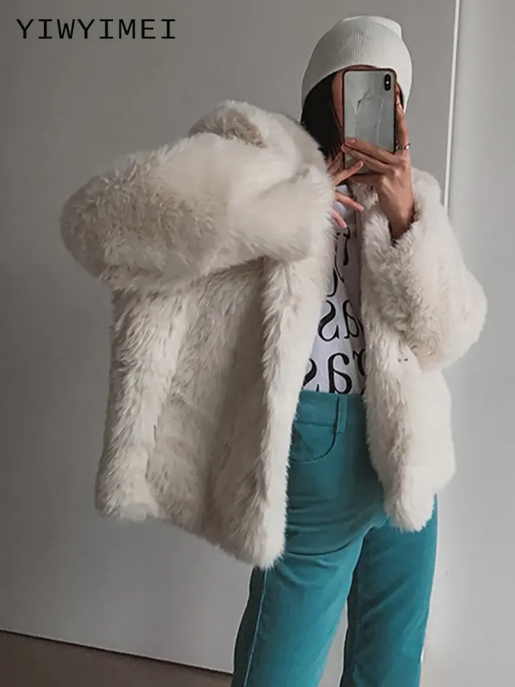 Winter Fluffy Warm Soft White Oversized Faux Fur Jacket Women Long Sleeve Faux Fur Sweatshirt Korean Hoodie