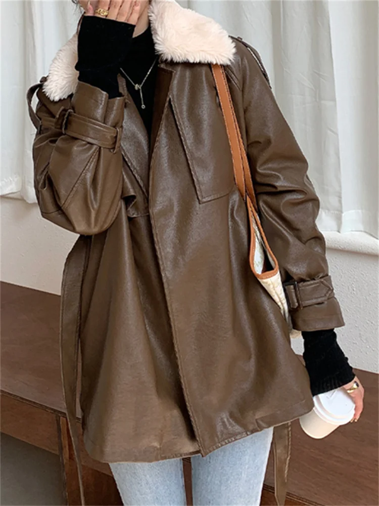 

Suninheart Leather Fur Coat Winter Jacket Women New Fall Lamb Wool Warm Locomotive Coat with Sashes Korean Fashion PU Outwear