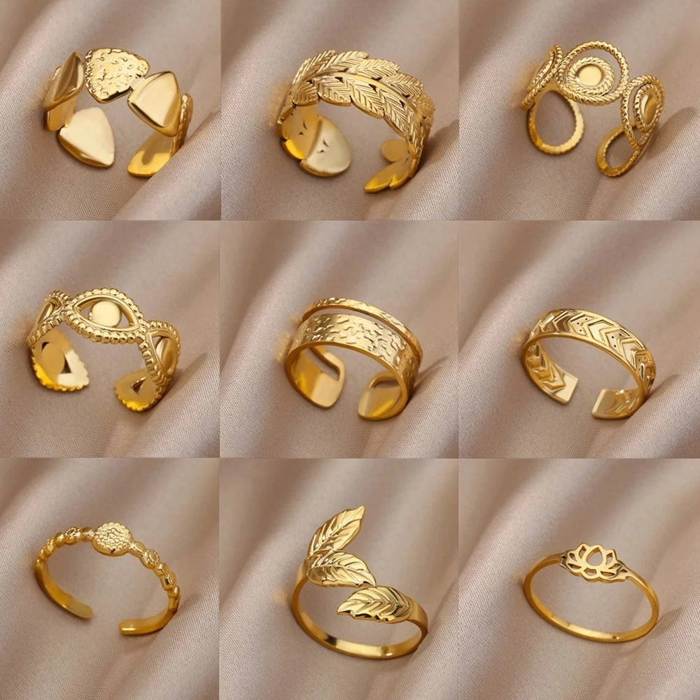 

New Design 18k Gold Plated Stainless Steel Rings for Women Adjustable Leaf Heart Eye Geometric Aesthetic Trendy Jewelry