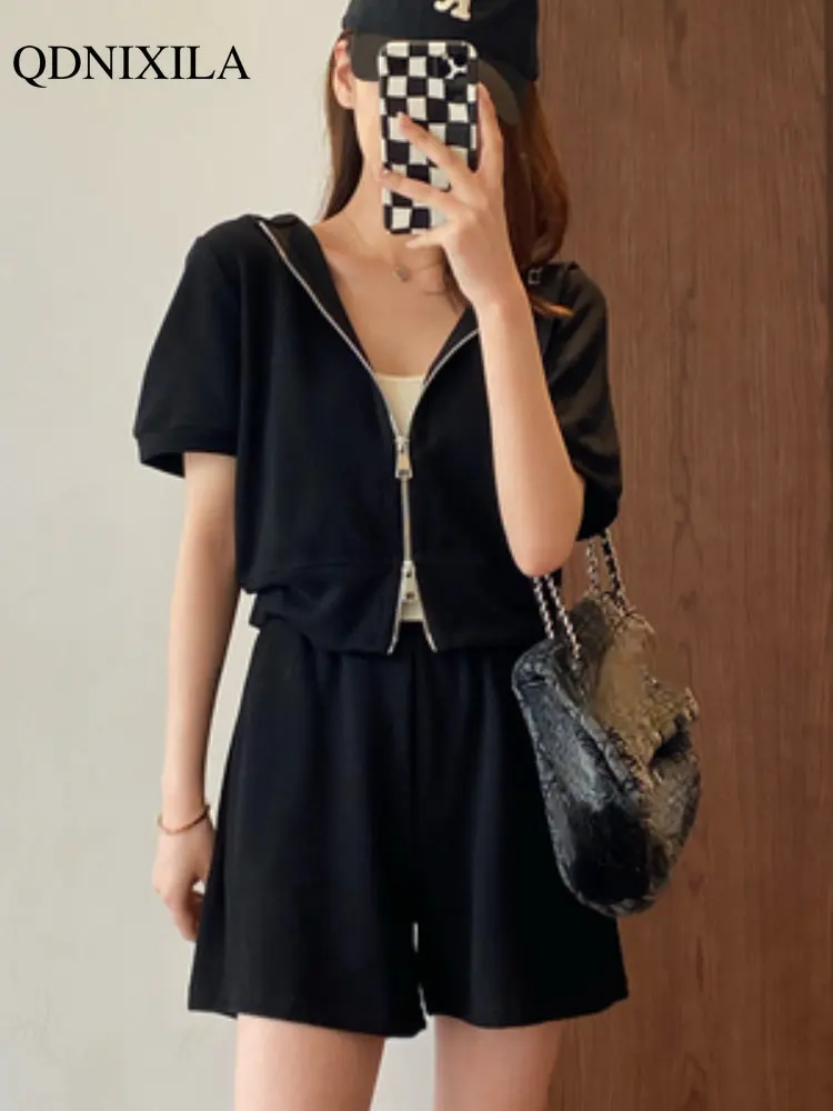 

2023 Women's Summer New Shorts Set Korean Loose Thin Short Sleeved Hooded Fashion Temperament Hight Waist Shorts 2 Piece Sets