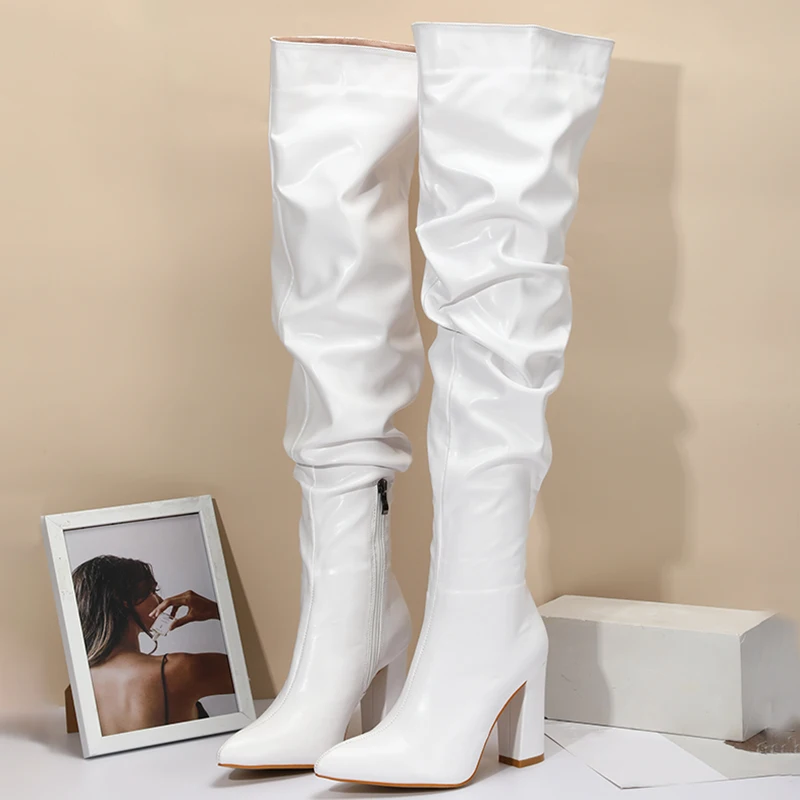 

Sexy White Design Crinkled Leather Over Knee Boots Women's Zip Pointed Toe Chunky Heel Spring/Fall boots women