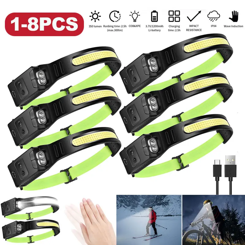 

1-8PCS COB Headlamp LED Flashlgith USB Rechargeable Head Torch 6 Lighting Modes Head Light Lanterna For Fishing Work Lights New