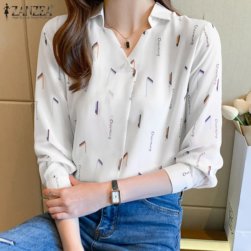 

Повседневная мешковатая элегантная уличная блузка оверсайз ZANZEA, Весенняя модная женская рубашка с лацканами, топы, богемный Топ с длинным р...