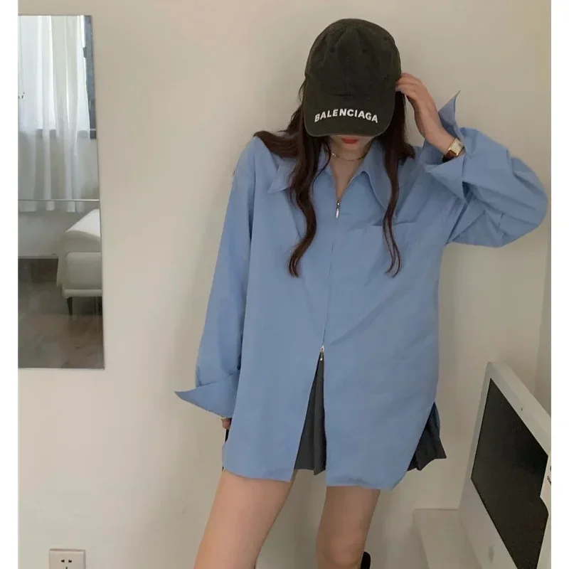 Korejepo белые рубашки с двойной молнией женские осенне-зимние однотонные простые