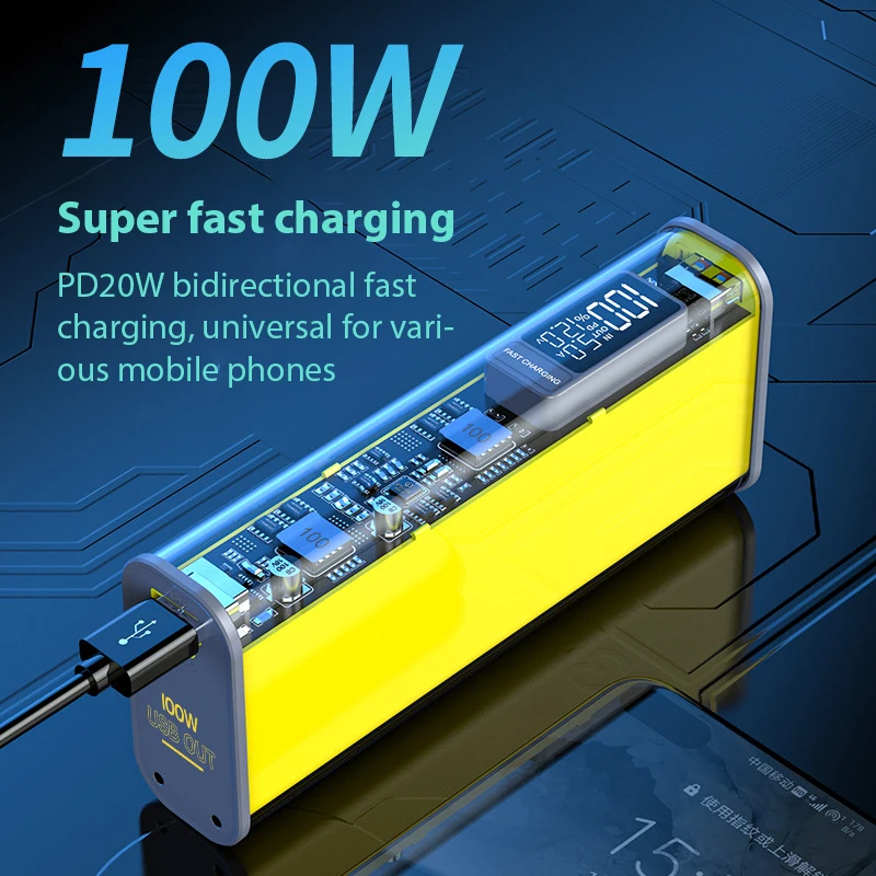 21700DIY Power Bank PD100W/22.5W Super Fast Charge 20000mA Powerbank USB TPYE C High-power Laptop Charger Transparent With Cable