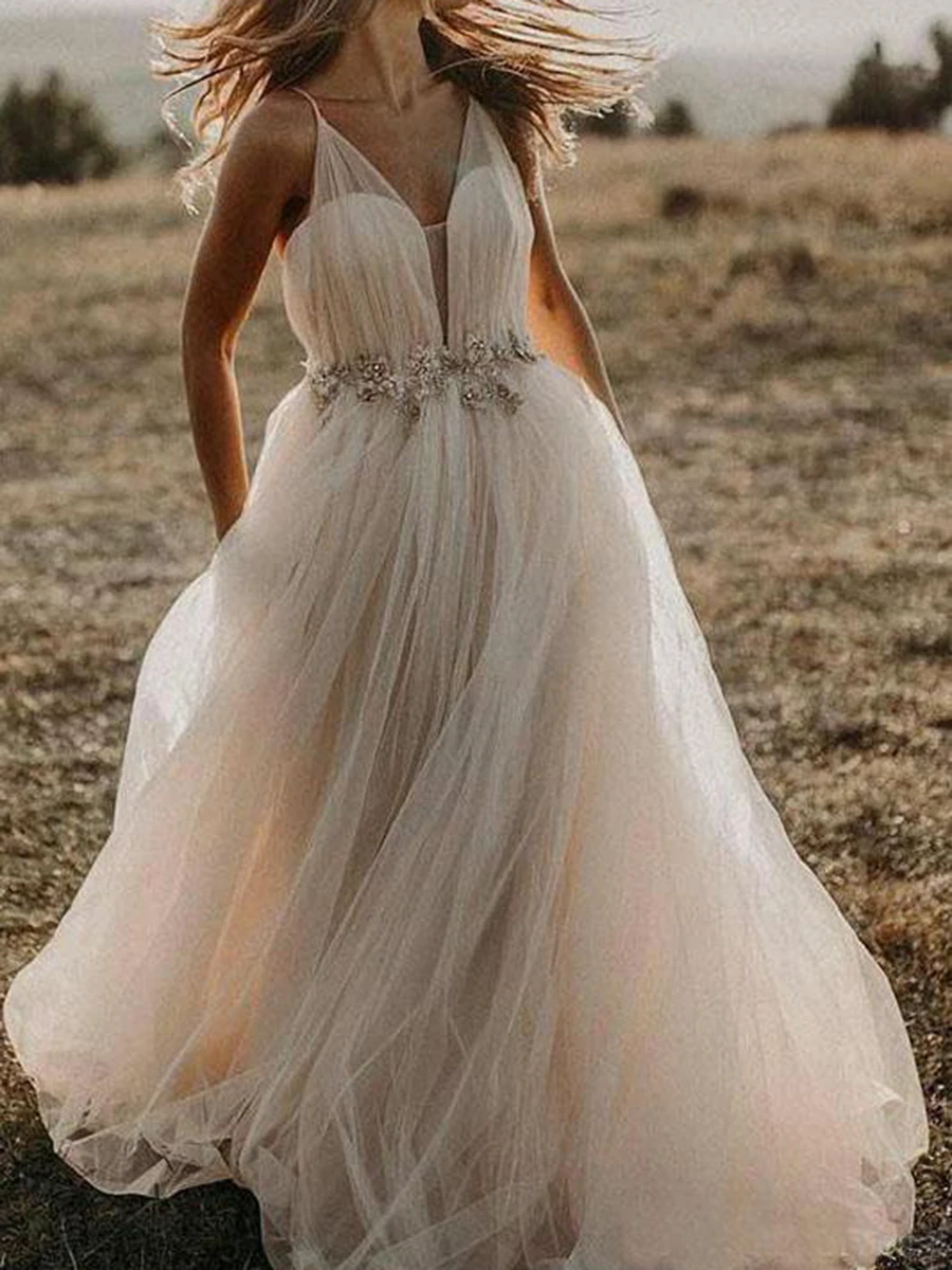 

Elegant Champagne A-Line V-Neck Appliques Belt Pleat Sleeveless Sweep Train Woman Wedding Dresses Bridal Engagement Party