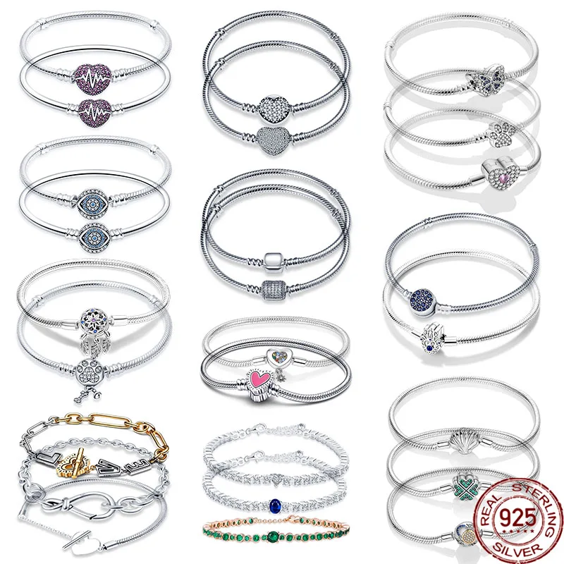 

Charms Plata De Ley 925 Snake Chain Heart Bangle & Bracelet Luxury Jewelry Fit For Pandora Charms Bead DIY Making Jewelry