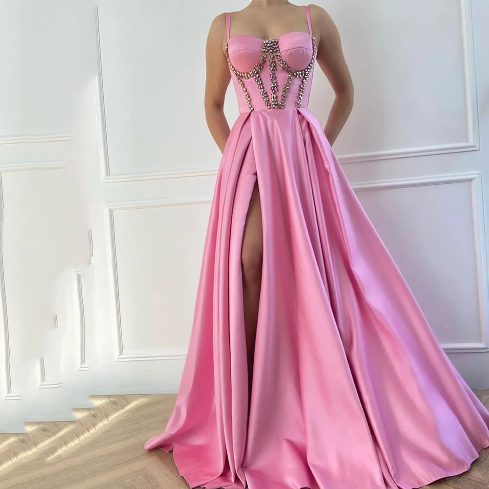 

2022 Hot Sale Pink Prom Dresses Spaghetti Strap Side High Split A-Line Crystal Evening Gowns Formal Wedding Party Dress