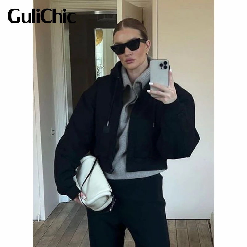 

11.1 GuliChic Fashion Black Reversible Hooded Drawstring Quilted Short Jacket Women