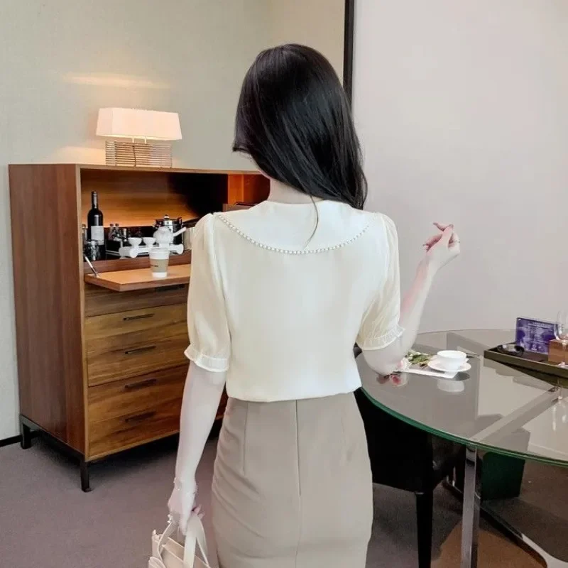 Женская летняя новая шифоновая рубашка с V-образным вырезом и коротким рукавом