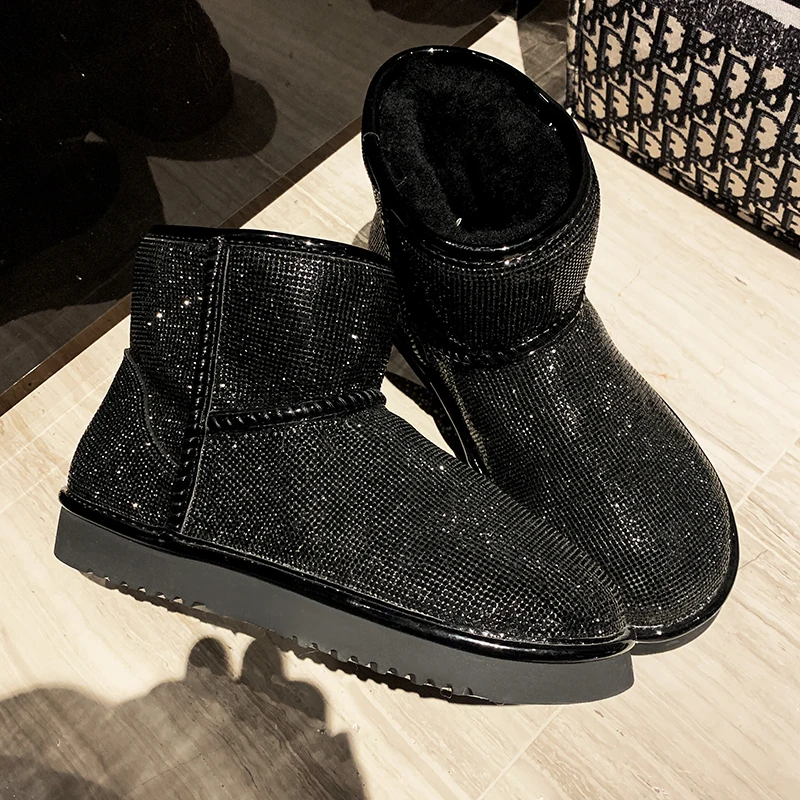Winter Silver Women's Snow Boots Sequin Lamb Fur Thick Bottom Flat Bottom Rhinestone Women's Snow Boots