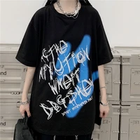 qweek harajuku graffiti oversized t shirts women gothic streetwear letter print tshirt black tees goth tops 2022 summer kpop