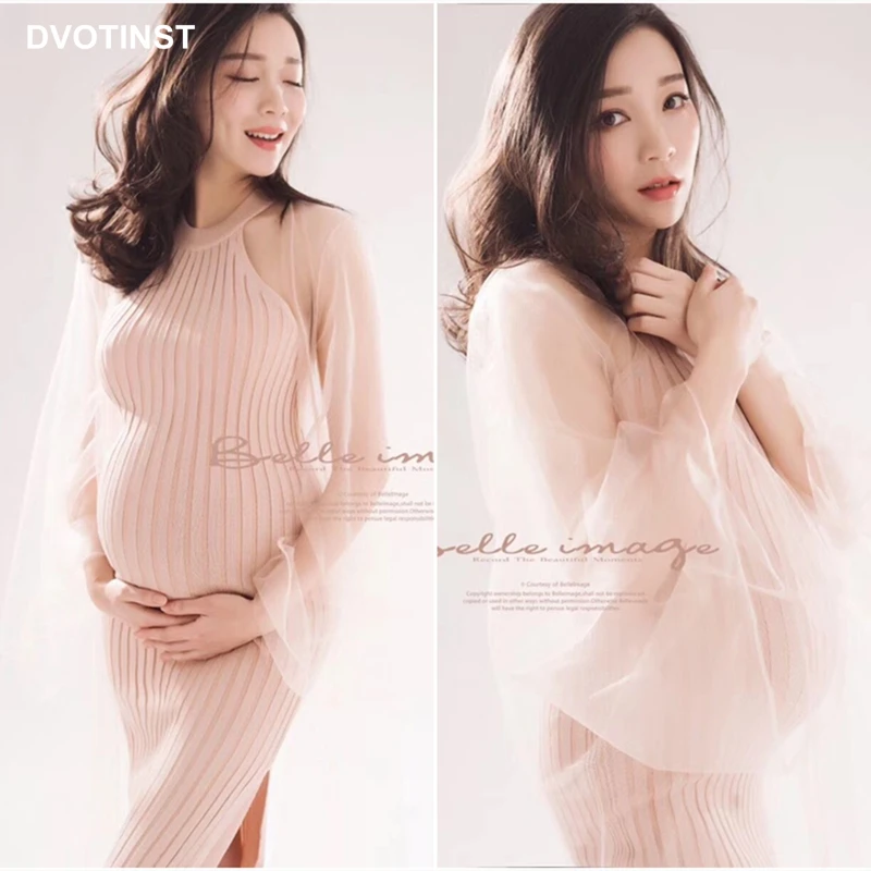 Dvotinst Women Photography Props Knitted Elegant Maternity Dresses Sleeveless Pregnancy Dress 2pcs Studio Shoots Photo Clothes