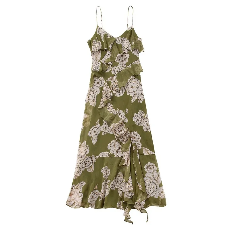 

Pleated tierred ruffle green flower summer trafing 2023 women Y2King vadiming robe maxi midi lolita sexy party dress HJH8931