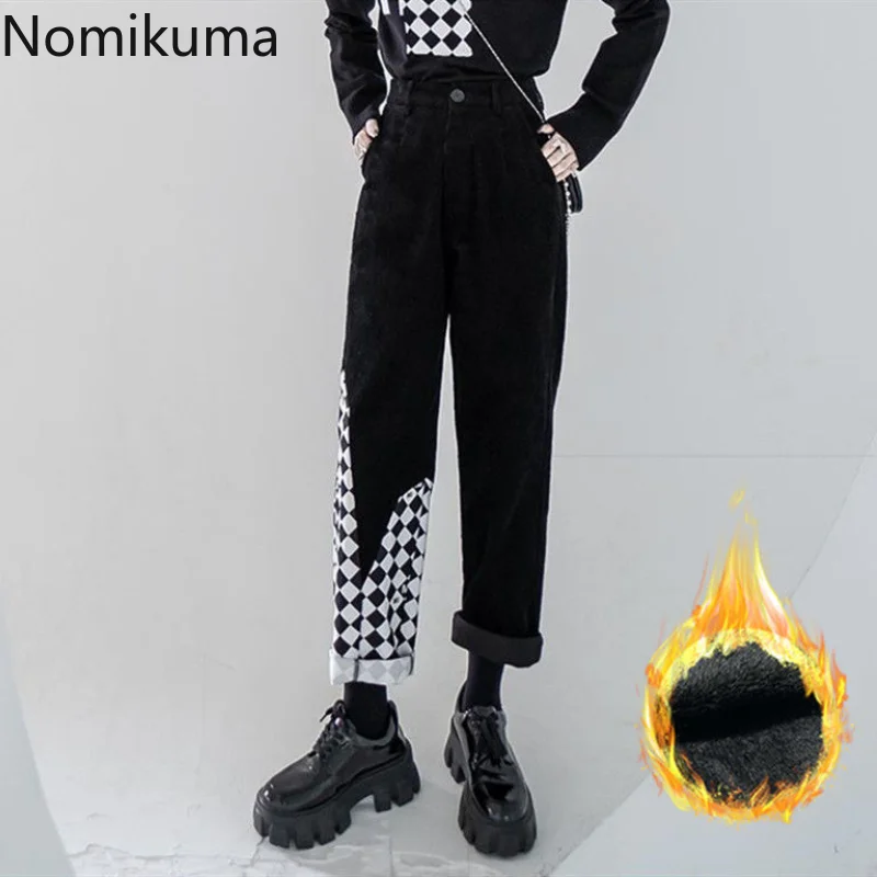 

Nomikuma Pantalones De Mujer Autumn Winter Contrast Color Plaid Patchwork Corduroy Thick Pants Women Retro Casual Trousers Women
