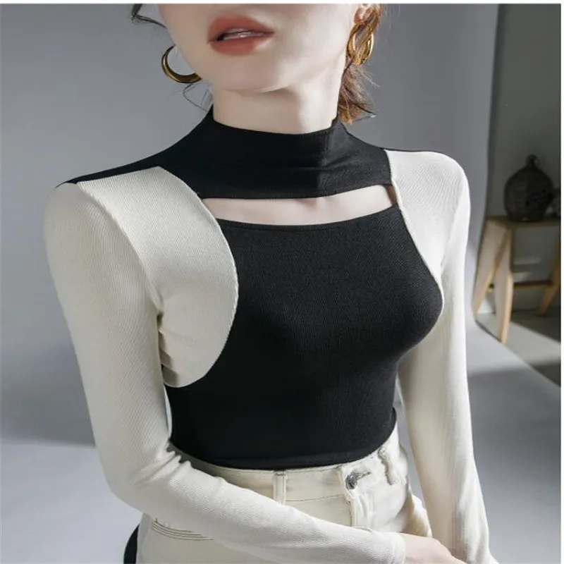 

Rib Knitted Stretch T-shirt Autumn and Winter New Hollow Sexy Turtleneck Color-blocking Bottoming Shirt Top Gothic Women Clothes