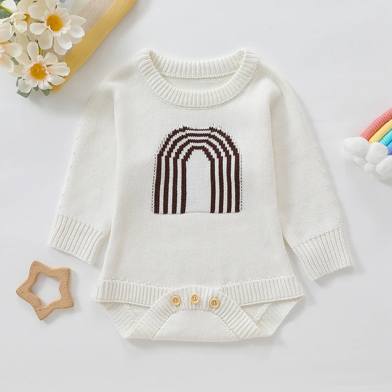 

Baby Girl Boy Fall Jumpsuit Moon Rainbow Knitted Crew Neck Long Sleeve Snaps Sweater Romper for Toddlers 0-24 Months