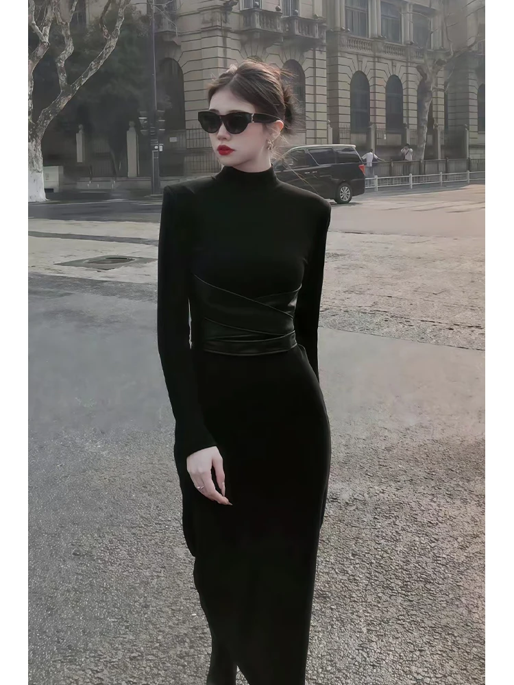 Осеннее новое сексуальное высококачественное темпераментное черное платье с