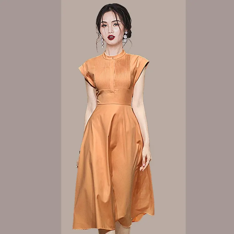 

New 2022 Women Summer Elegant Orange Stand Collar High Waist Vestidos Raglan Sleeve Draped A Line Vintage Midi Dresses