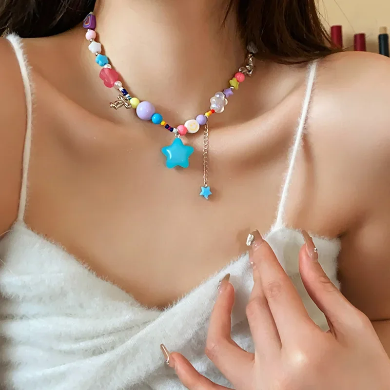Ожерелье Draweye Y2k с хрустальным жемчугом для женщин Красочные Звезды корейские