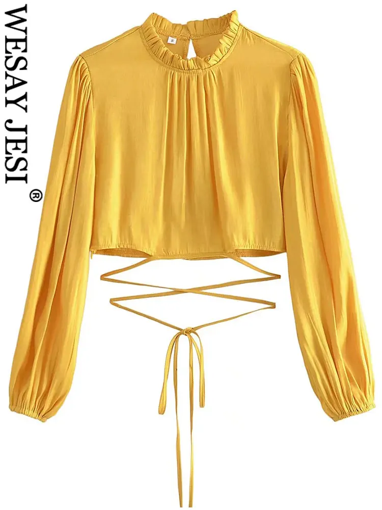

WESAY JESI Casual Loose Elegant Elastic Cuffs Women's Clothing Fashion Ginger Yellow Cropped Waist Lace Up Long Sleeve Lady Top