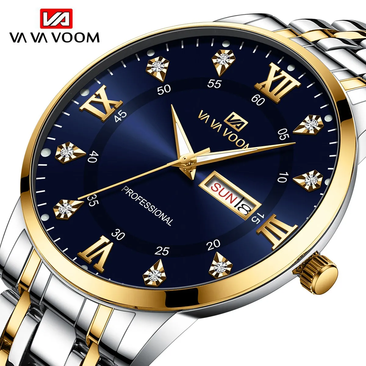 

VA VA VOOM Men Watch Stainless Steel Top Quailty Luxury Push Button Hidden Clasp Waterproof Luminous Date Week Sport Wrist Watch