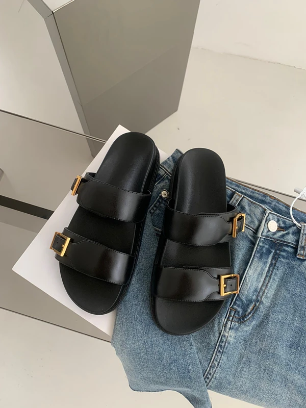 Elmsk Fashion Blogger Ladies Thick-soled Slippers Genuine Leather Black Casual Commuter Flat Shoes Women