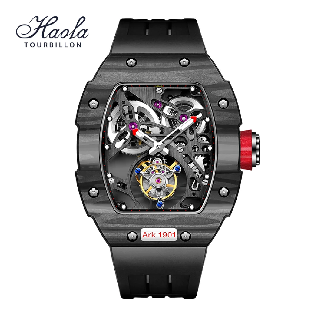 

Haofa Manual Tourbillon Movement Watch For Men Skeleton Sapphire Mechanical Luxury Mens Watch Carbon Fiber Bezel Fashion Clock