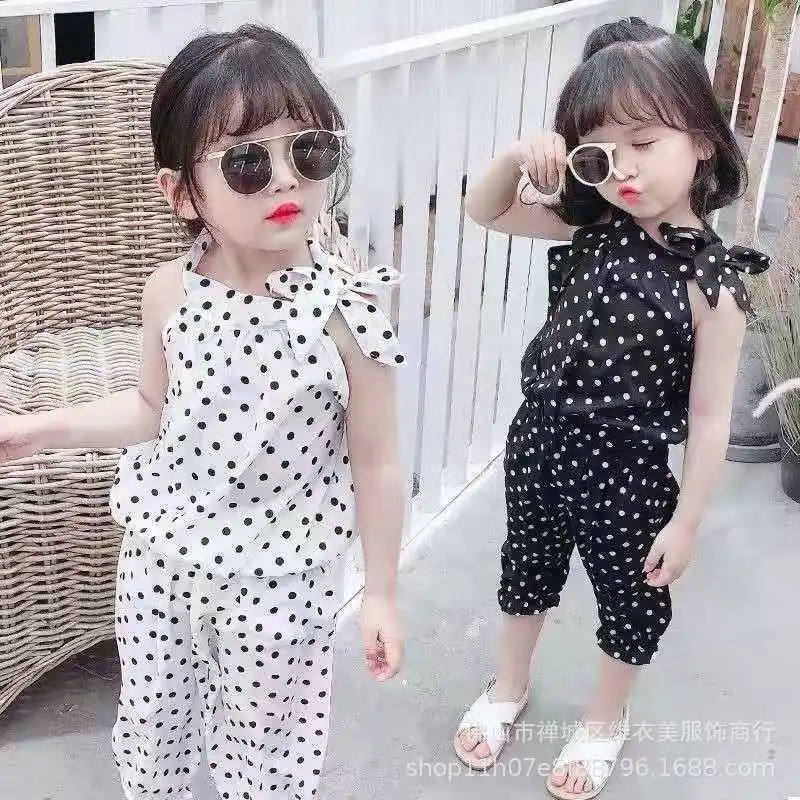 

2PCS Baby Girls Sets 2022 Summer Sleeveless Polka Dot Kids Clothes Chiffon Shirts blouse + short Pants Outfits Children Suits