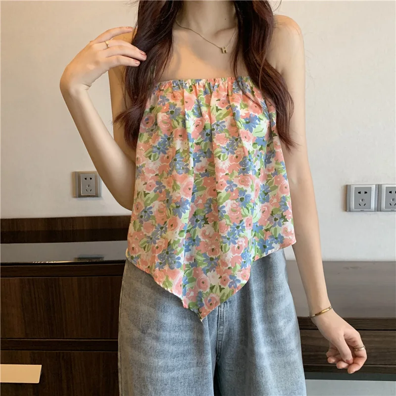 

Y2K Vintage Floral Print Blouse Women Sweet Slim Thin Suspender Tops Backless High Street Fashion Casual Female Tees Camisole