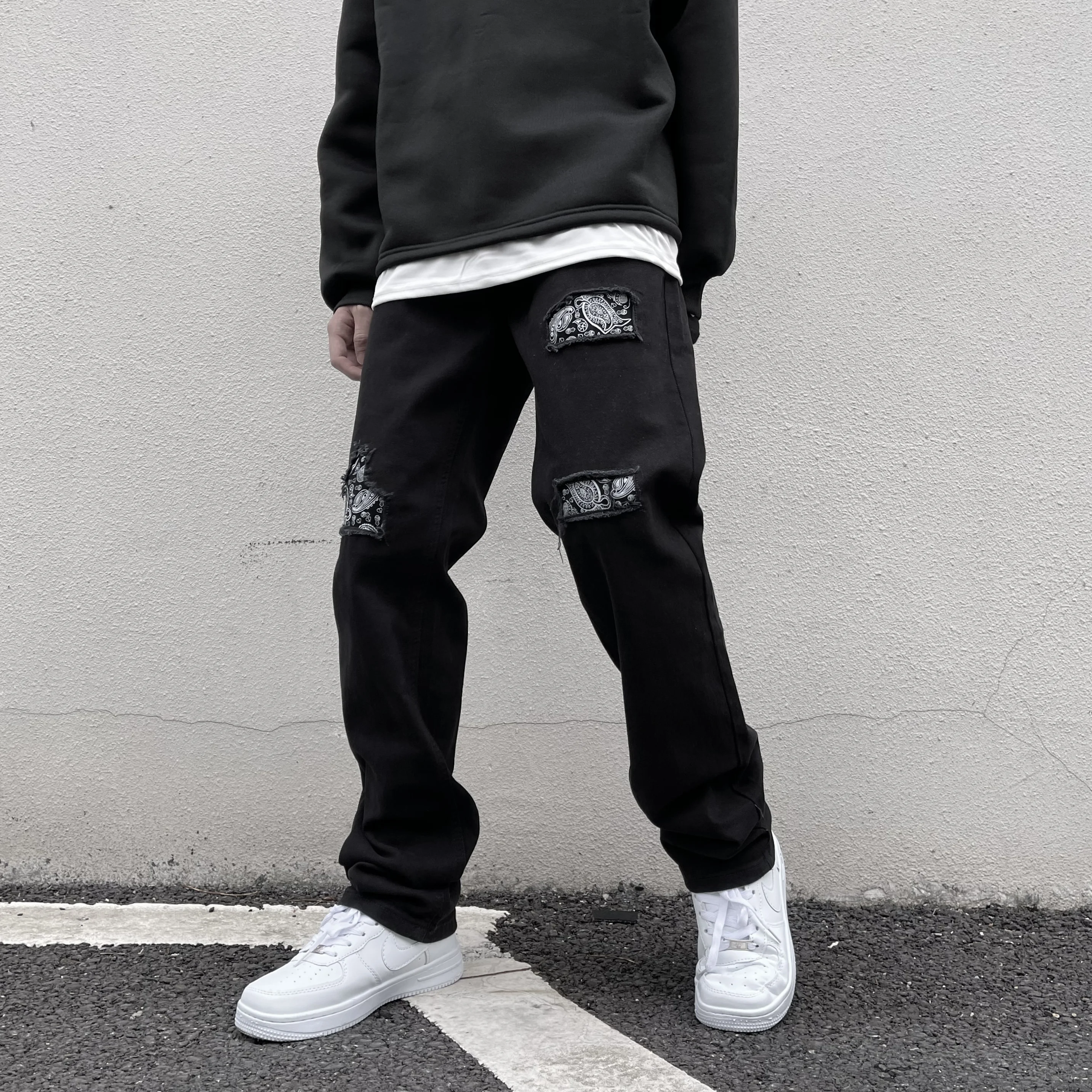 Men Ripped Straight Baggy Embroidery Jeans Destroyed Hole Denim High Quality Hip Hop Black Pants