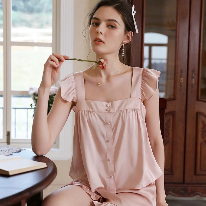 Ice silk pajamas women's sexy suspender style solid color homewear suit sexy pjs pajamas for women