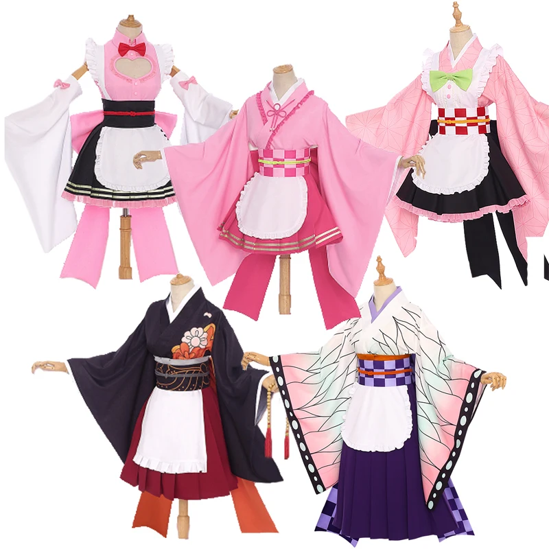 

Anime Kimetsu No Yaiba Demon Slayer Cosplay Costume Party Halloween Costumes for Women Kimono Maid Uniform Set Waiter Costumes