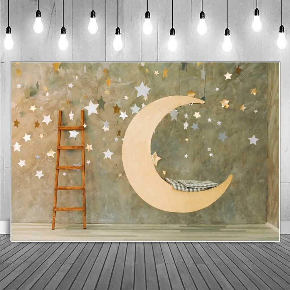 

Baby Marble Wall Golden Glitter Stars Ladder Birthday Party Decoration Photography Backdrops Kids Wooden Floor Moon Backgrounds