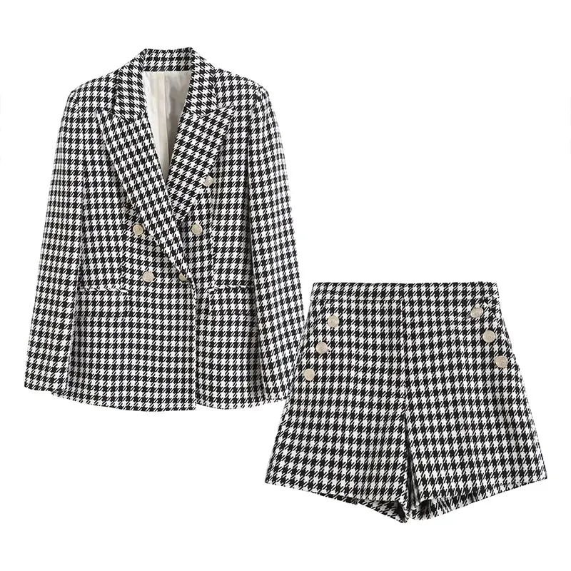 

Nlzgmsj ZBZA Women 2022 Spring Fashion Textured Double Breasted Check Blazer Coat + High Waist Shorts Women Sets 202202
