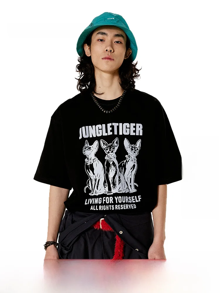 Футболка мужская оверсайз из чистого хлопка с принтом кота и короткими рукавами