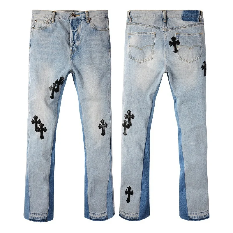 

Indigo New Arrival Light Denim Pant Black Mens High Street Spliced Streetwear Leather Cross Patches Boot Cut Flare Raw Hem Jeans