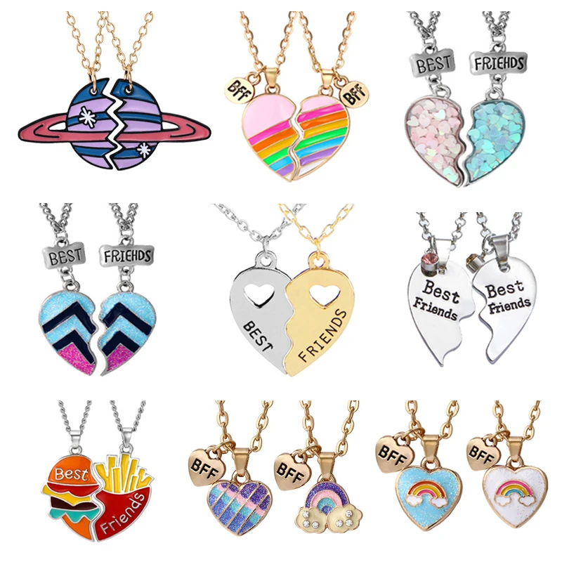 

XEDZ 2Pcs/set Rainbow Heart-shaped Splicing Charm Chains Trendy Planet Fries Metal Zircon Necklace Best Friends Accessories Gift