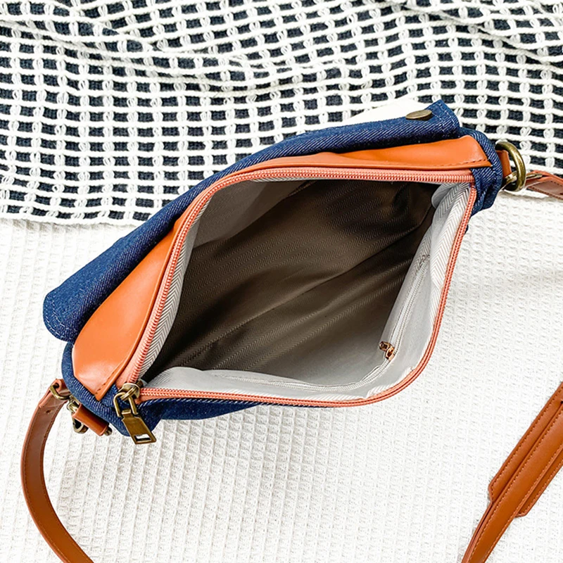 Contrast Color Fashion Women Crossbody Bags Denim Leather Splice Single Shoulder Messenger Bag Commuting Tote Satchel Versatile