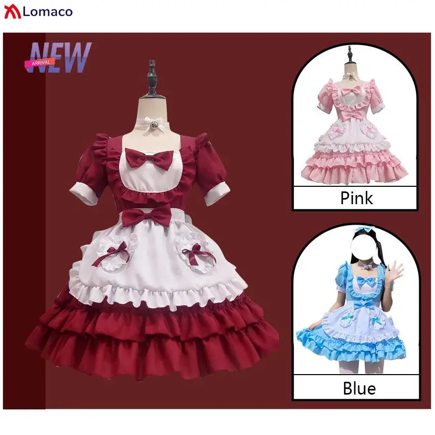 Женское милое платье горничной в стиле &quotЛолита&quot розовая синяя красная мягкая