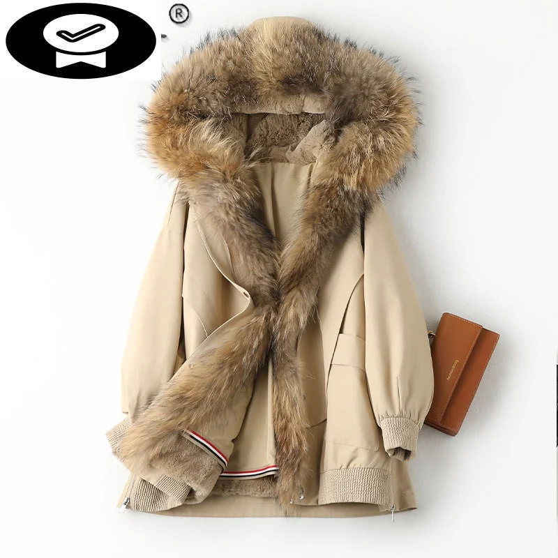 

Rex Hooded Rabbit Real Fur Liner Parkas Female Winter 2023 Raccoon Fur Collar Coat Women Warm Jacket Manteau Femme Gxy806