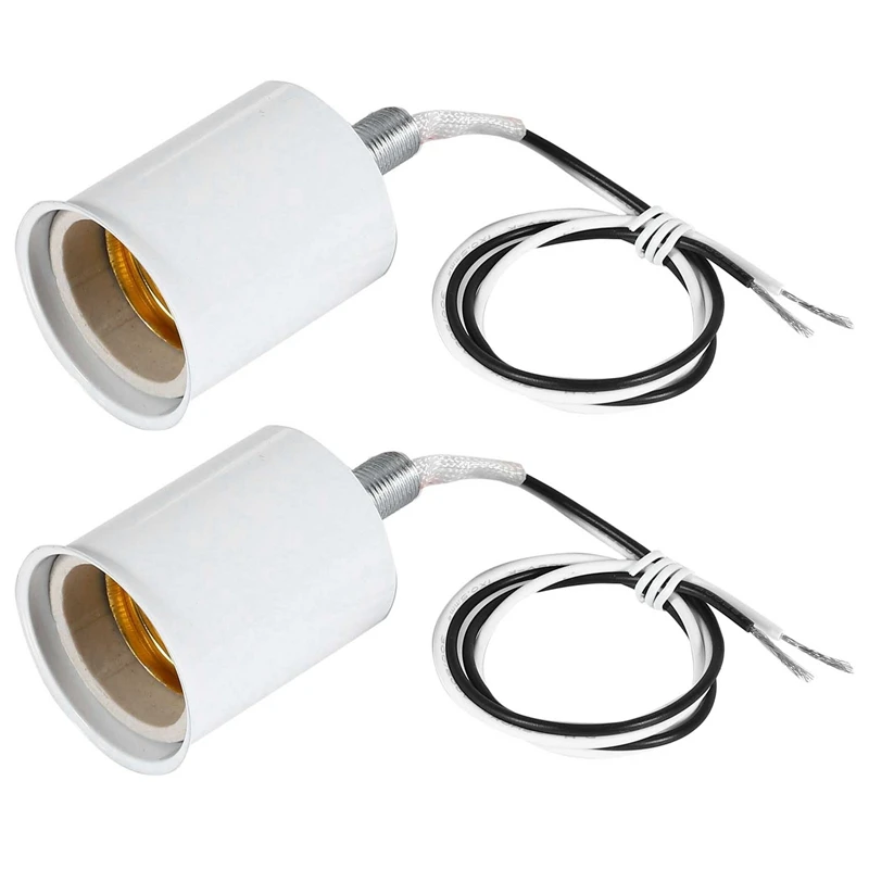 

New 2X E27 Ceramic Screw Base Round LED Light Bulb Lamp Socket Holder Adapter Metal Lamp Holder With Wire White