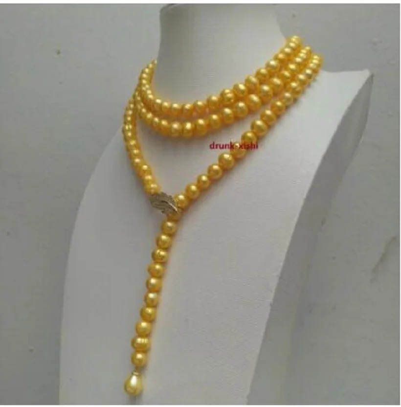 

38" 8-9mm South Sea Deep Yellow Pearl Pendants Necklace Silver Feather Clasp