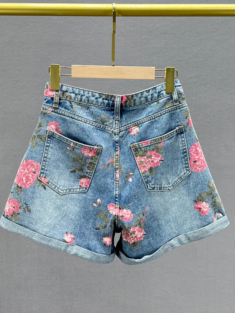 High Waisted Shorts Fashion Printed Denim Shorts for Women 2023 Summer New High Waist Loose Rhinestone Wide Leg Shorts Female