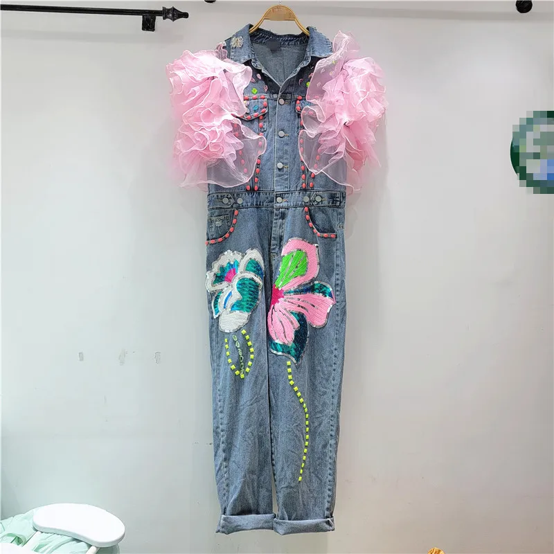 

Jeans Romper Sexy Women Sleeveless Bodycon Blue Denim Sequined Flowers Fly Sleeves Jumpsuit Overalls