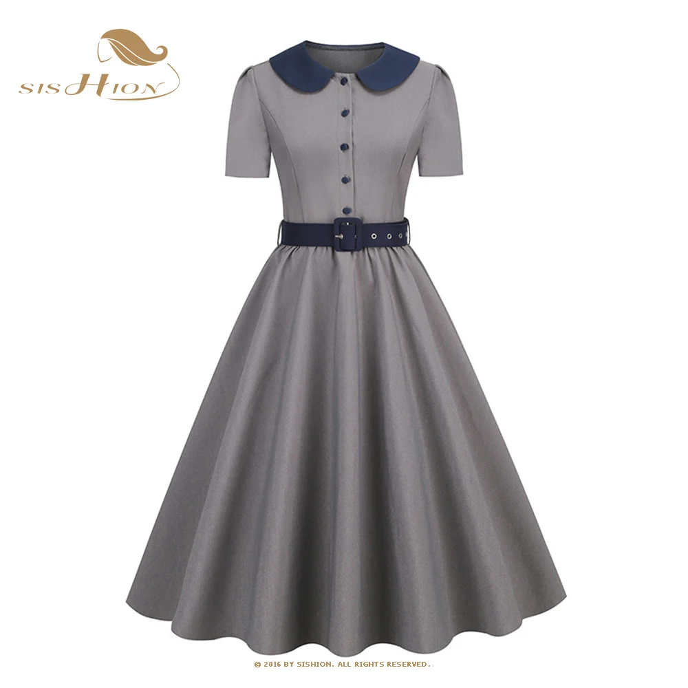 

Женское плиссированное платье миди SISHION, серое винтажное платье на пуговицах с воротником «Питер Пэн» и коротким рукавом, с поясом, VD3568, 2023