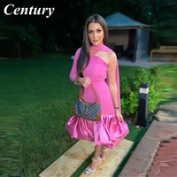 century simple pink prom dresses one shoulder long sleeve satin tea length evening gowns arabric women party dress plus size